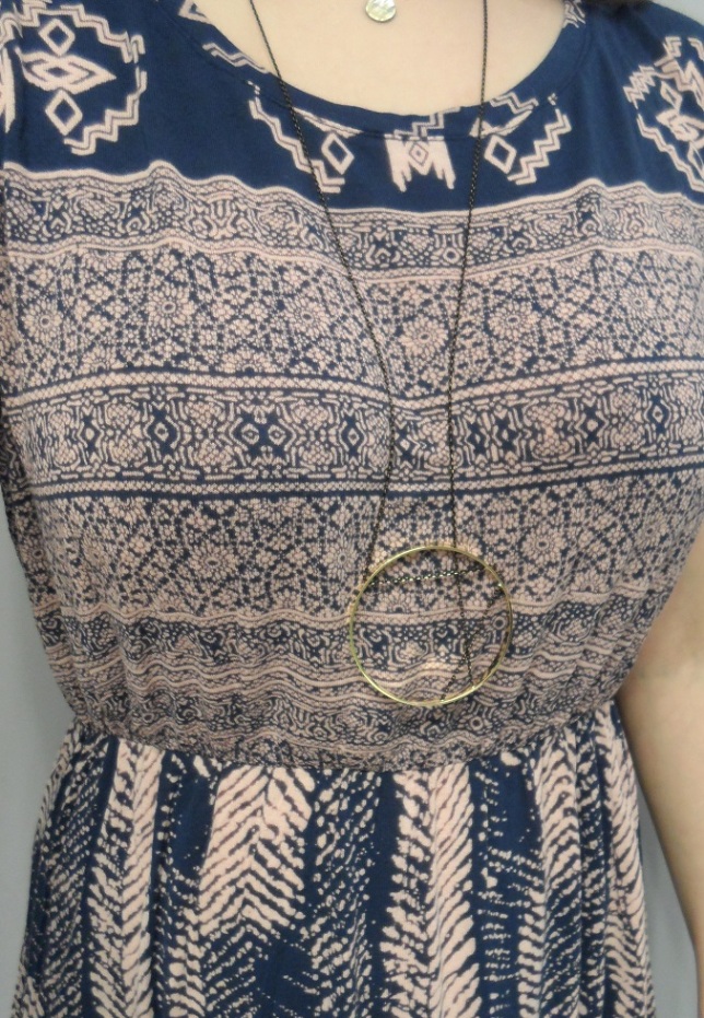 golden tote batik print dress and inner circle necklace
